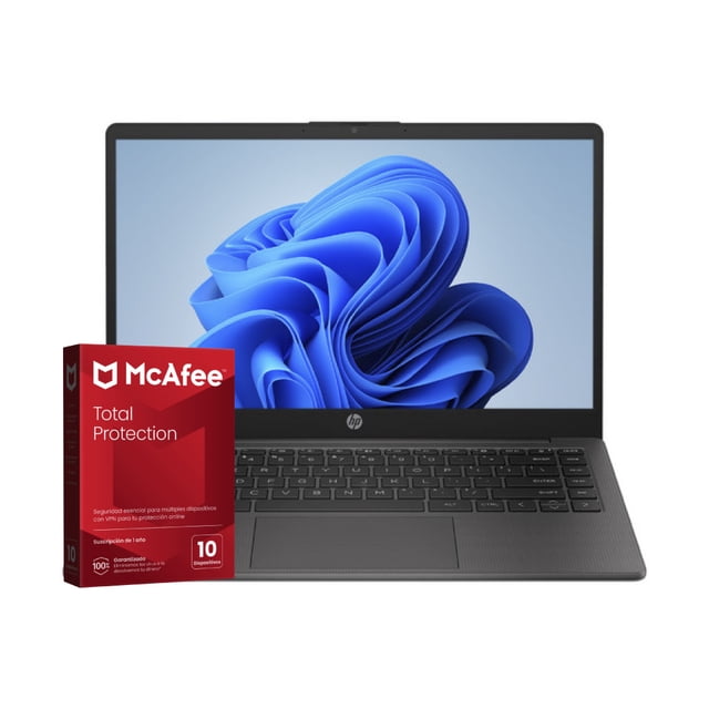 laptop hp 245 g10 14" amd ryzen 5 ram 16gb ssd 512gb w11 + mcafee total protection Vista frontal de portátil HP 245 G10 en negro ceniza con pantalla 14" FHD mostrando fondo de Windows, teclado completo, reposamanos texturizado y logo HP; caja roja de McAfee Total Protection en primer plano indicando licencia digital de 12 meses; a menudo se usa para teletrabajo y estudio.