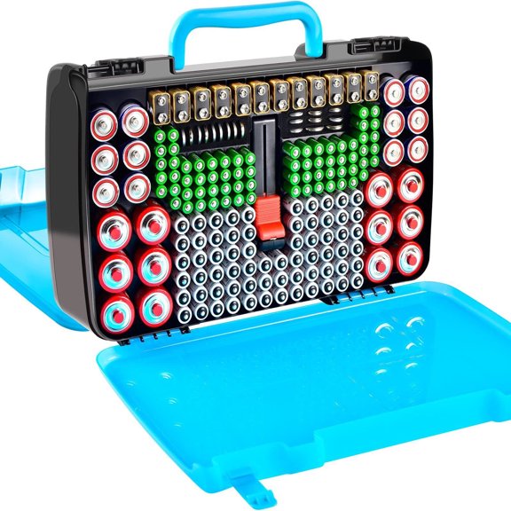 Fullcase Battery Organizer Storage Case with Tester, Double-Sided Batteries Box Holder Fits for 269 AA AAA AAAA 3A 4A 9V C D Lithium 23A 4LR44 CR123A CR1632 CR2032 - Blue