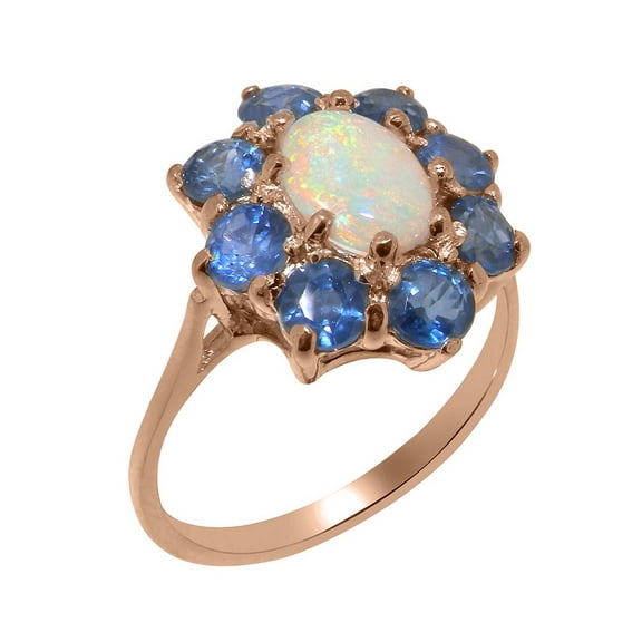 LBG British Made 14k Rose Gold Natural Opal & Sapphire Womens Statement Ring - 33 size options - Size 10
