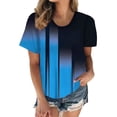 thumbnail image 2 of Mujer Cuello Redondo Top Color Contraste Impresión Digital Manga Corta Suelta Verano Casual Camiseta Azul L, 2 of 5