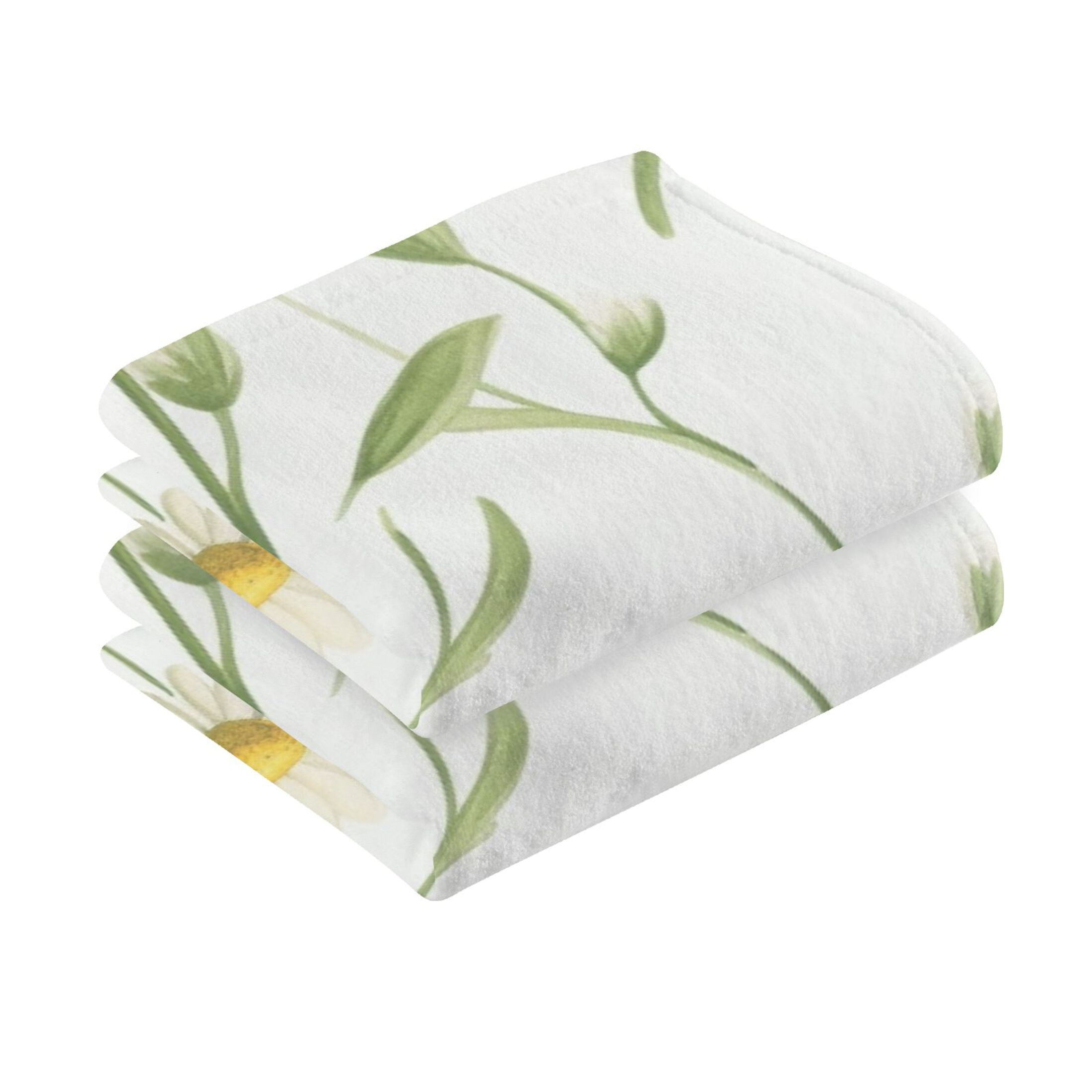 2 Pcs Hand Towel Set Cute Daisies and Leaves Cotton Absorbent Soft Face Towels Bath Towels for Bathroom Kitchen Shower Hotel Decor 16"x28"