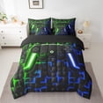 thumbnail image 2 of Manfei Neon Gamepad Bedding Comforter Set 7 Pieces,Modern Geometric Plaid Full Bedding Set,Green Blue Ombre Fitted Sheet Flat Sheet For Boys Kids,Super Cozy Bedroom Decor Reversible, 2 of 7