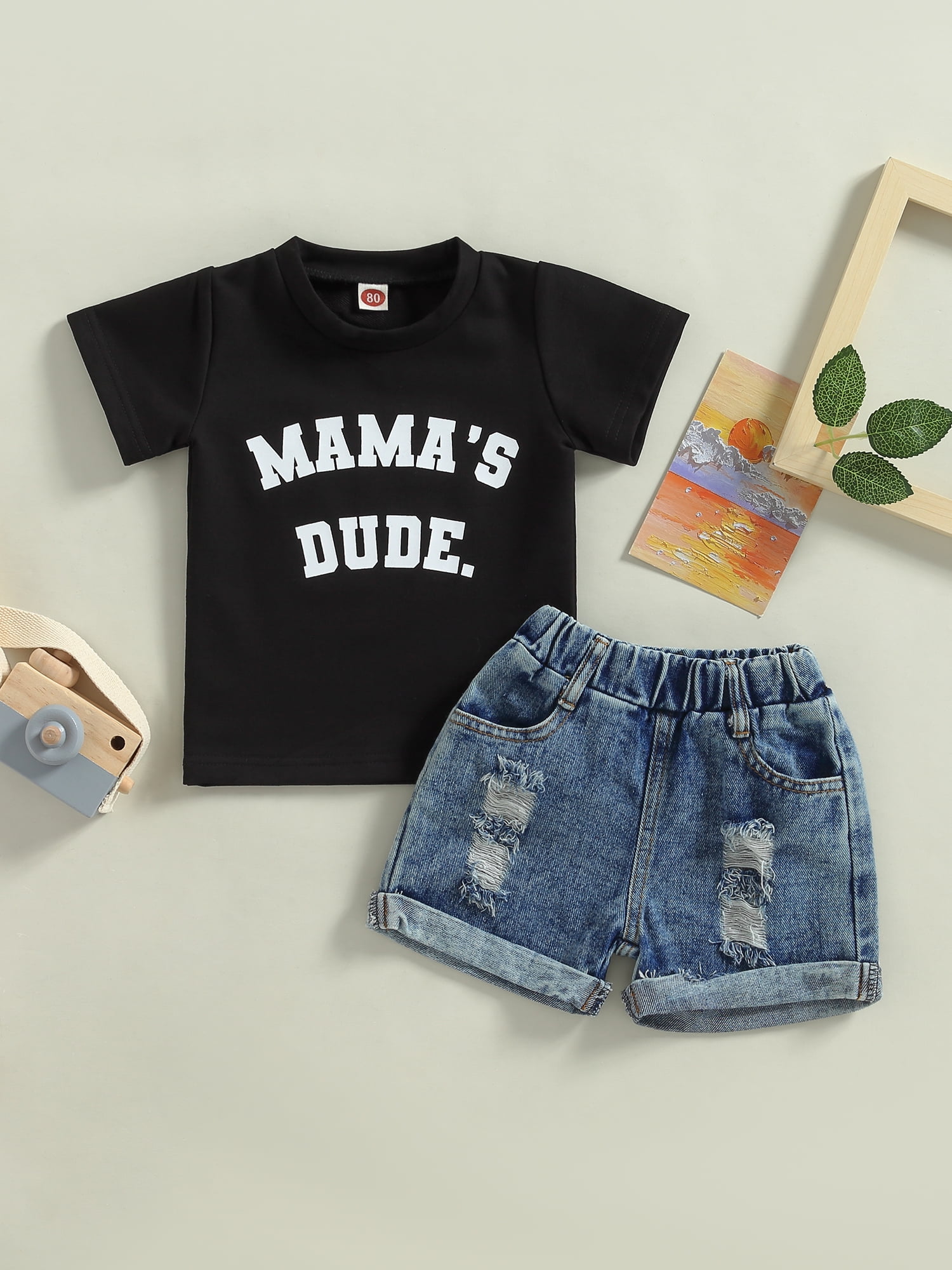 2pcs Toddler Boy Trendy Ripped Denim Shorts and Stripe Webbing Design Tee Set