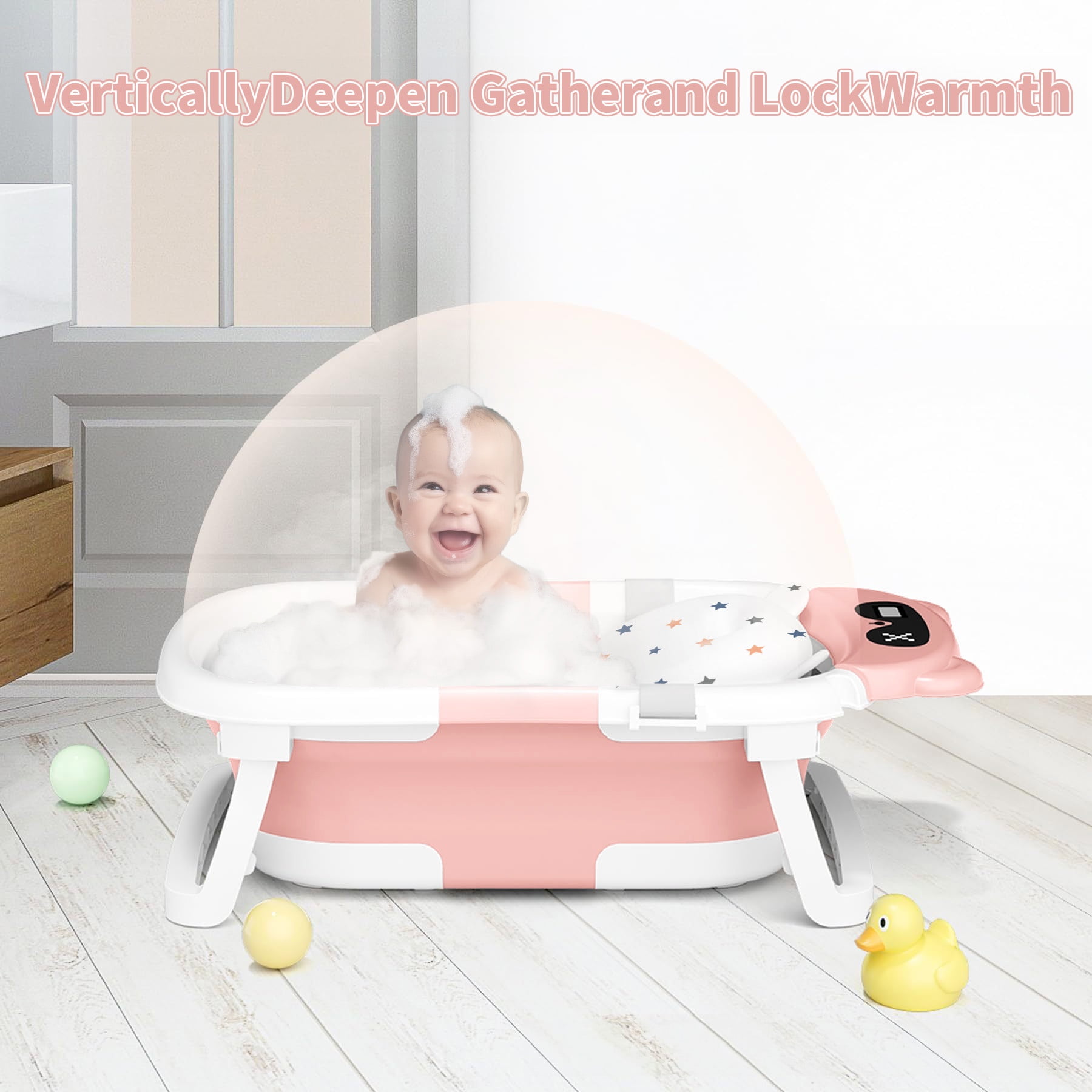 Babyomi Baby Bathtub with Durable Bath Tub and Cute Bear Thermometer, Soft Detachable Cushion No-Slip Hanging and Shower Hat, Foldable Bathtub for Newborn to Toddler, Pink