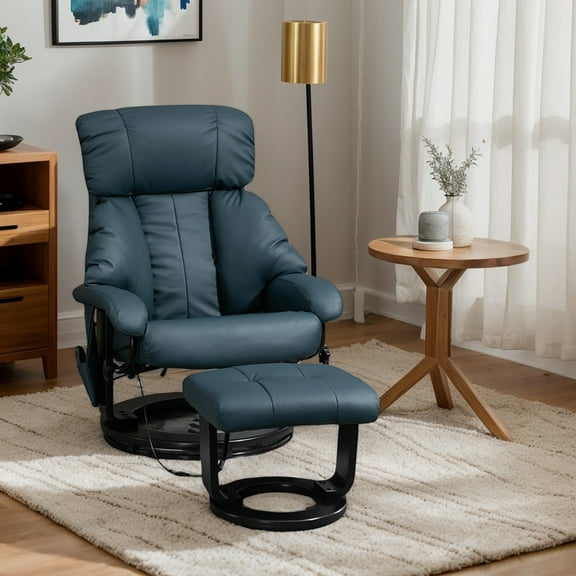 Kadyn Recliner Chair, Reclining Chair,Swivel Recliner with Ottoman, Faux Leather Reclining Chair with Side Pocket, Blue