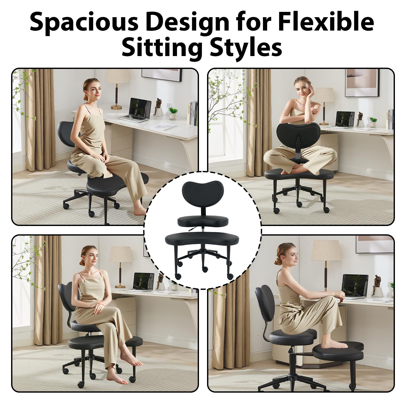 Pawverly Cross-Legged Meditation Chair with Wheels, Adjustable Height Yoga Office Chair with Lumbar Support, Ergonomic Criss Cross Desk Chair for Adults, Black PU Leather
