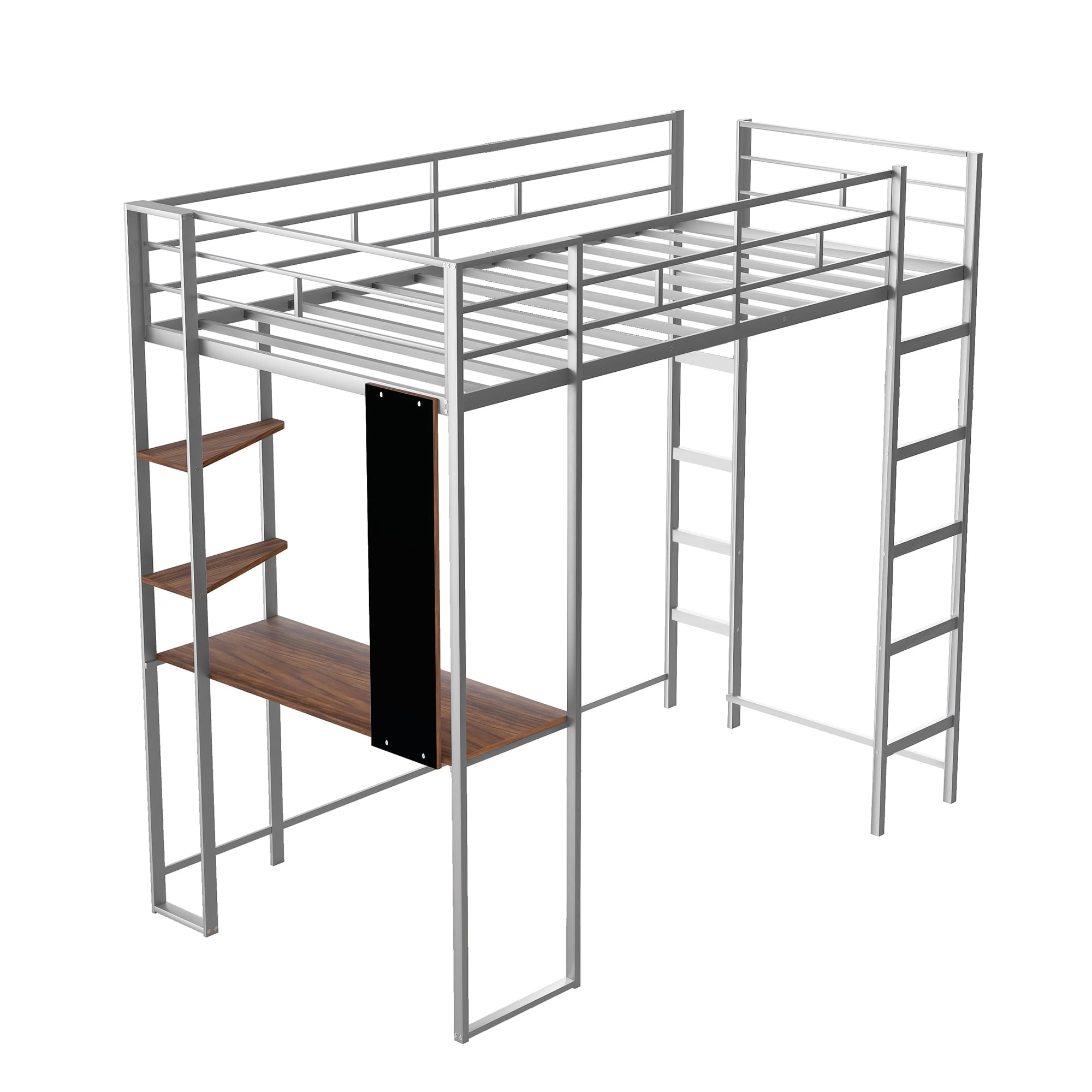 Aukfa Metal Twin Loft Bed with Desk and Shelves for Kids, Teens, Dorm, Double Ladder - Silver