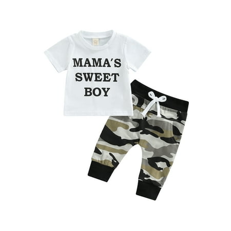 

Canrulo Summer Causal Baby Boys Clothes 2pcs Letter Short Sleeve T Shirts+Camoflage Printed Pants Sets White 6-12 Months