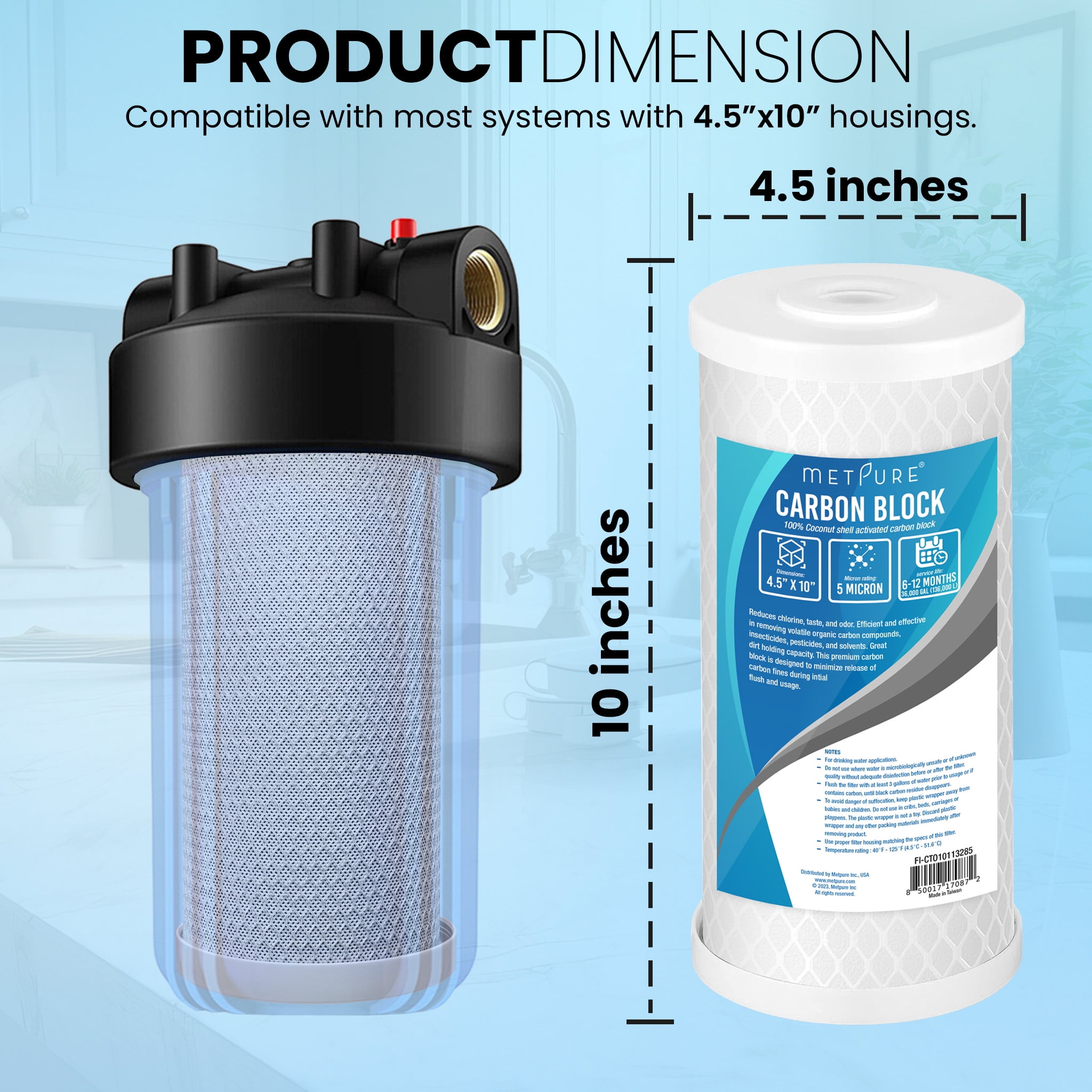 Metpure Universal 5 Micron 10” x 4.5” Whole House Carbon Water Filter Cartridge Replacement - Coconut Shell Carbon Block CTO. Compatible with/Replacement Pentek, Dupont, GE, etc. 2-Pack