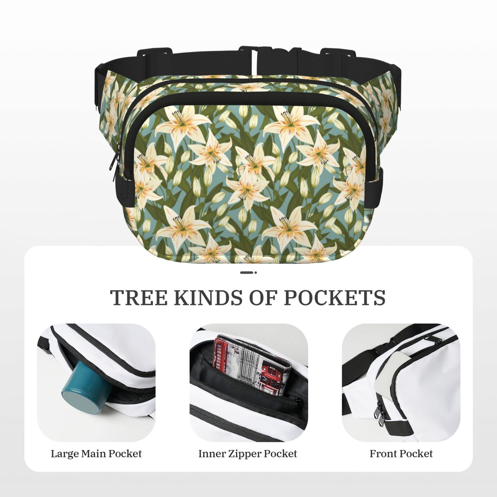 Picia Lilies Flowers Print Square Double-Layer Waist Bag Mini Adjustable Waist Belt Bag Exercise Running Travel Hiking