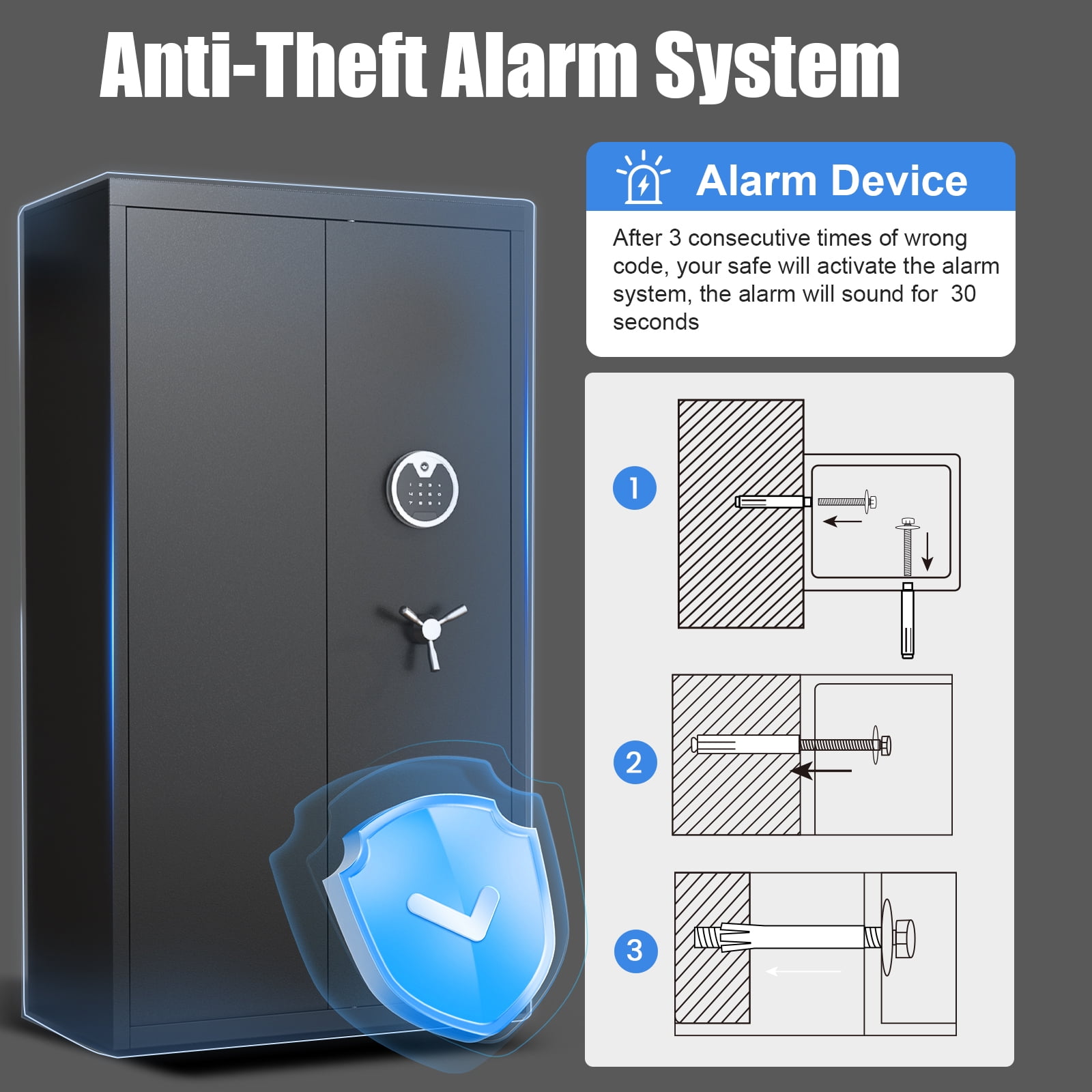 Home Large Gun Cabinet, Digital Backlit Keypad, 3 Opening Methods, Dual Alarm System, Removable Shelves and Led Lights, All-Steel Anti-Theft Design