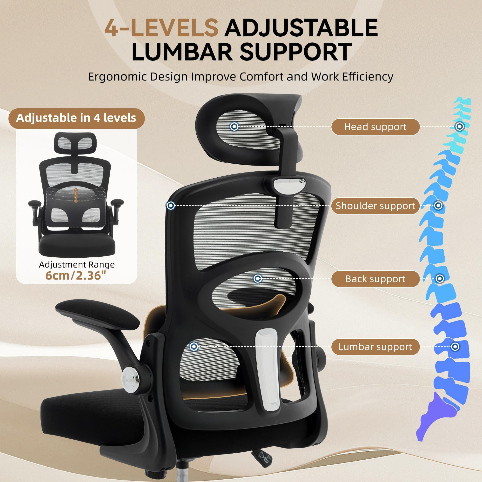 Ergonomic High-Back Mesh Office Chair – Adjustable Headrest & Lumbar Support – 360° Swivel Rolling Desk Chair – Comfortable Computer & Gaming Task Chair – Perfect for Home or Office