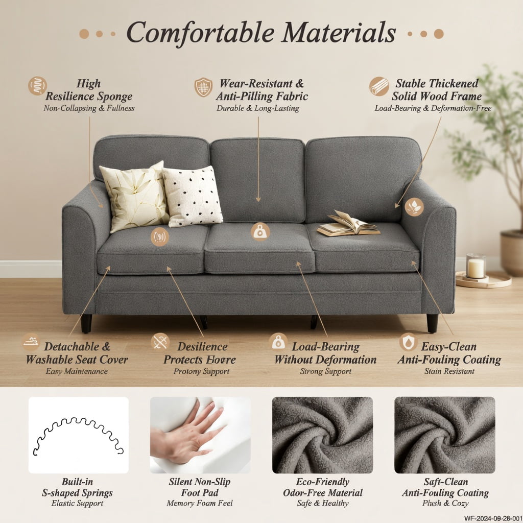 Hommoo Teddy Velvet 3-Seater Sofa, Upholstered Living Room Couch with Ergonomic Support, Machine-Washable Cushions & Sturdy Rubber Wood Legs, Gray