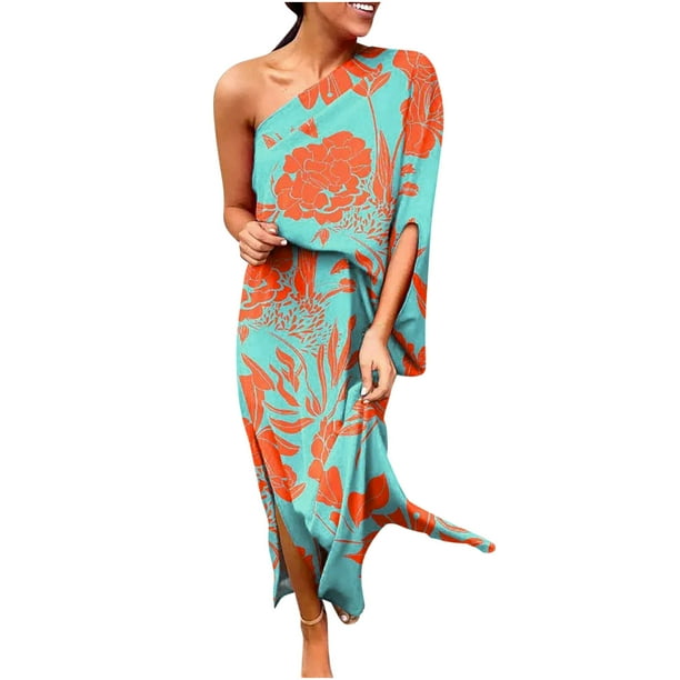 Vestidos Para Mujer Vestidos de Un Hombro Impreso Suelto Media Abertura Dobladillo Manga Odeerbi ODB159370