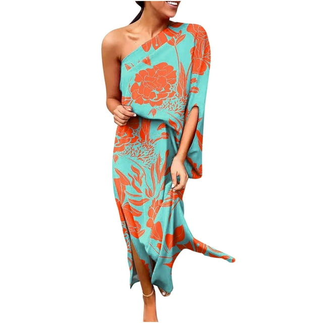 Robe à une Épaule pour Femmes Tunique Évasée à Manches Courtes Robe Maxi à Fleurs Décontractée Ourlet Fendu sur le Côté Boho Robe d'Été de Vacances