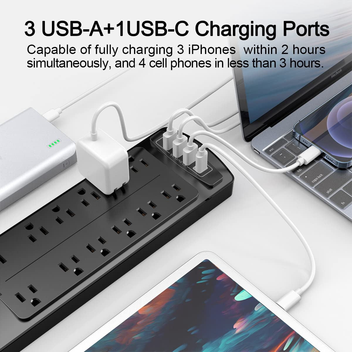 Power Strip  Surge Protector With 12 Outlets And 4 Usb Ports 6 Feet Extension Cord (1875w/15a) 2700 Joules Etl Listed Black