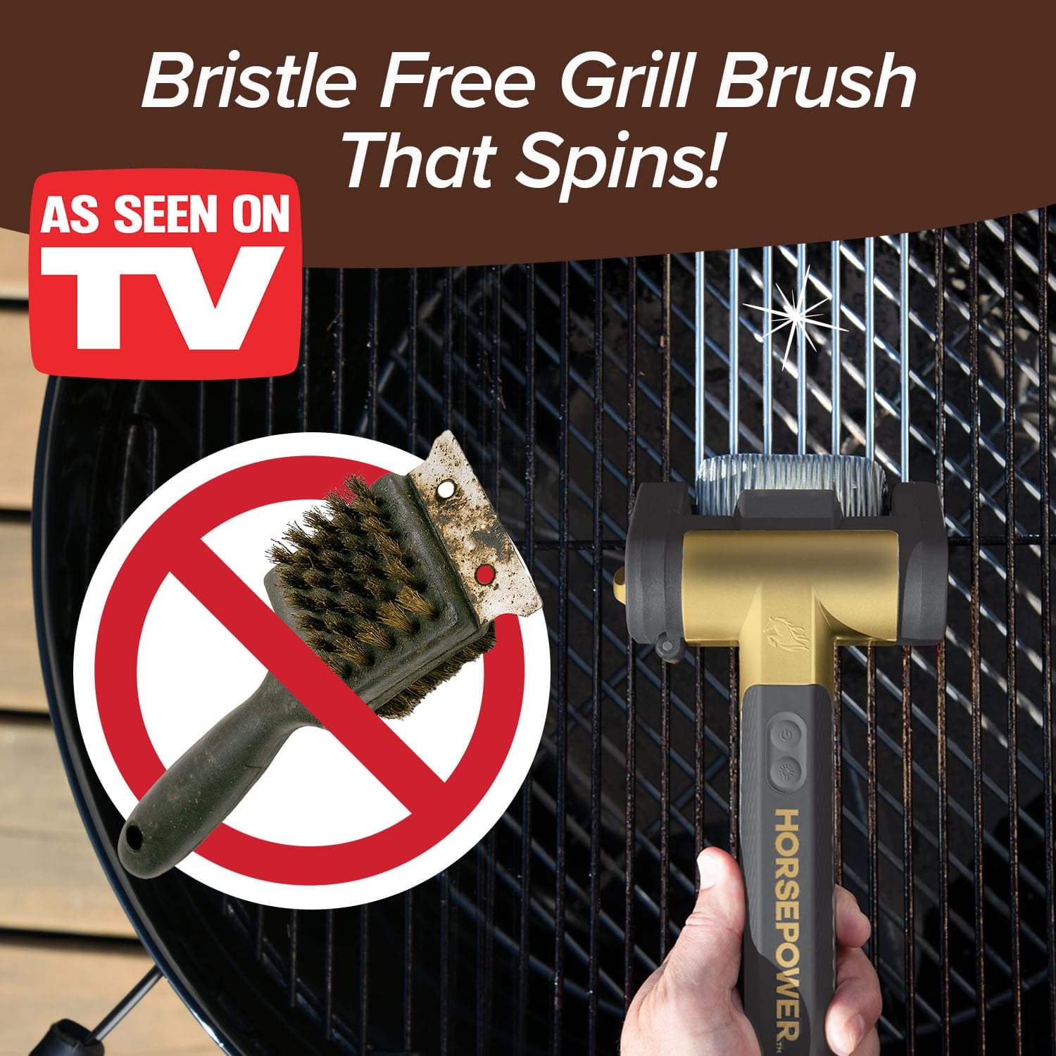 Horsepower Giddy Up GOLD Bristle-Free Spinning Grill Brush w/LED & Longer Run Time, Cordless/Rechargeable, 304 Stainless Steel Power Roller Blasts Away Burnt-On Food, No Bristles No Preheating 350 RP