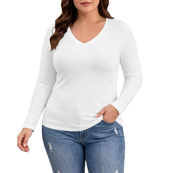 Lirrtw Women's Plus Size Long Sleeve Shirts Slim Fit V Neck Thermal Tight Tees Solid Color Basic Undershirt Fall Winter Base Layer(White,X-Large)