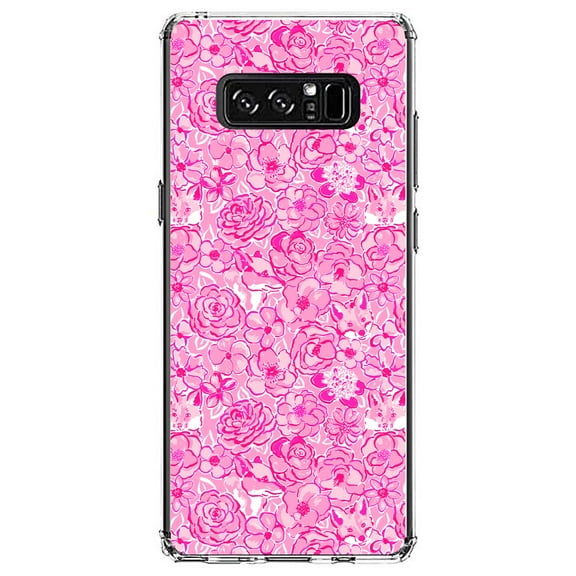 DistinctInk Clear Shockproof Hybrid Case for Samsung Galaxy Note 8 - TPU Bumper, Acrylic Back, Tempered Glass Screen Protector - Preppy Pattern - Pink & White Flowers Floral