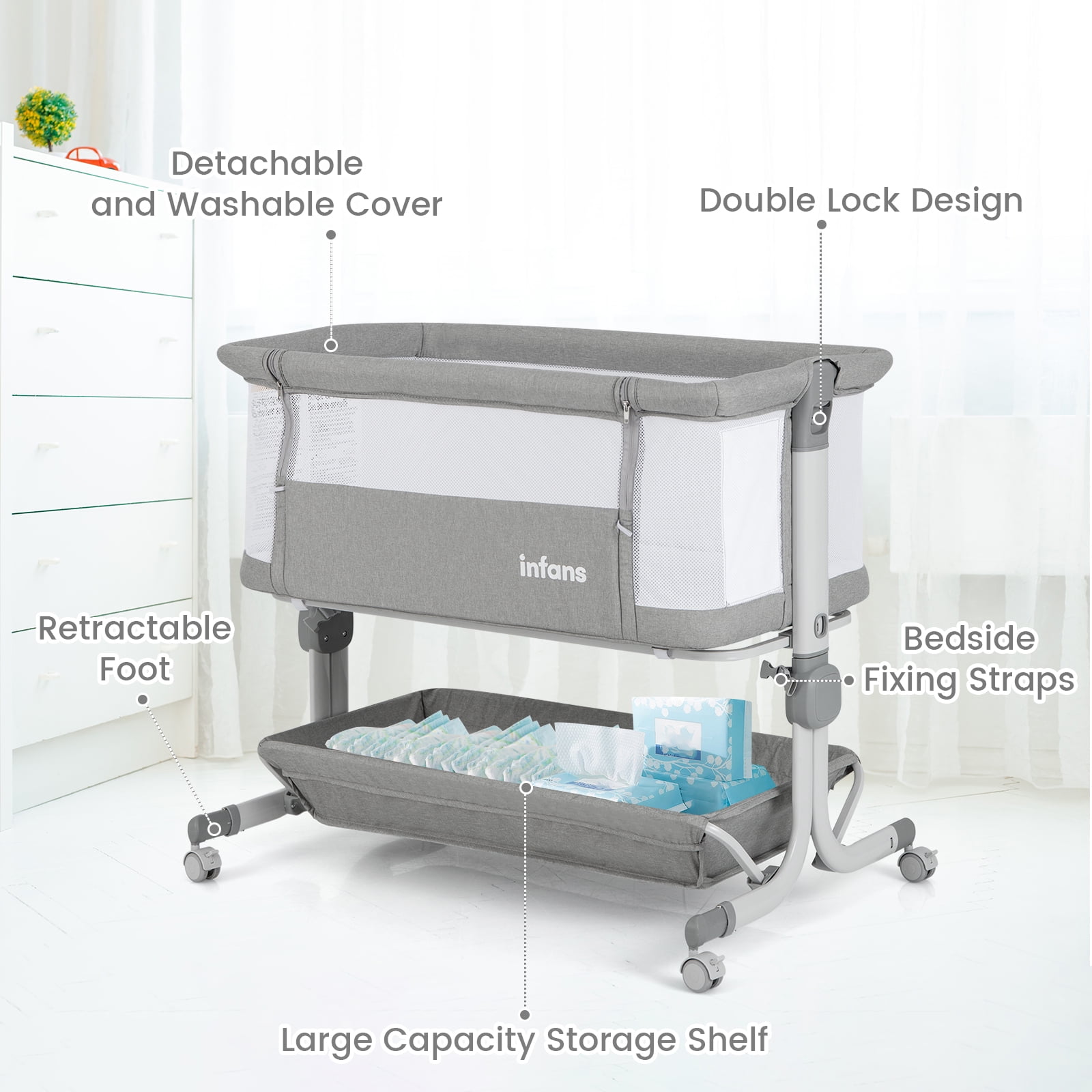 OLAKIDS 3-in-1 Baby Bassinet, Bedside Sleeper with Comfy Mattress, Wheels, 6-Height Adjustable, Storage Basket, Travel Bag, Portable Mesh Crib, Gray