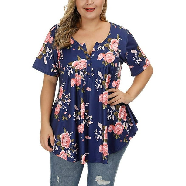 Plus Size Flowy Tunic Tops for Women Short Sleeve Floral Blouses Button ...