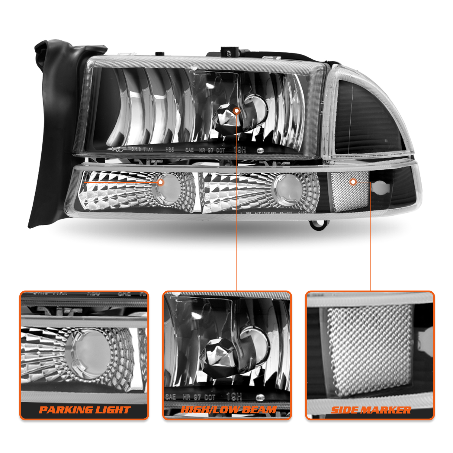 For 1997-2004 Dodge Dakota 1998-2003 Durango Black Clear Headlight Assembly Pair
