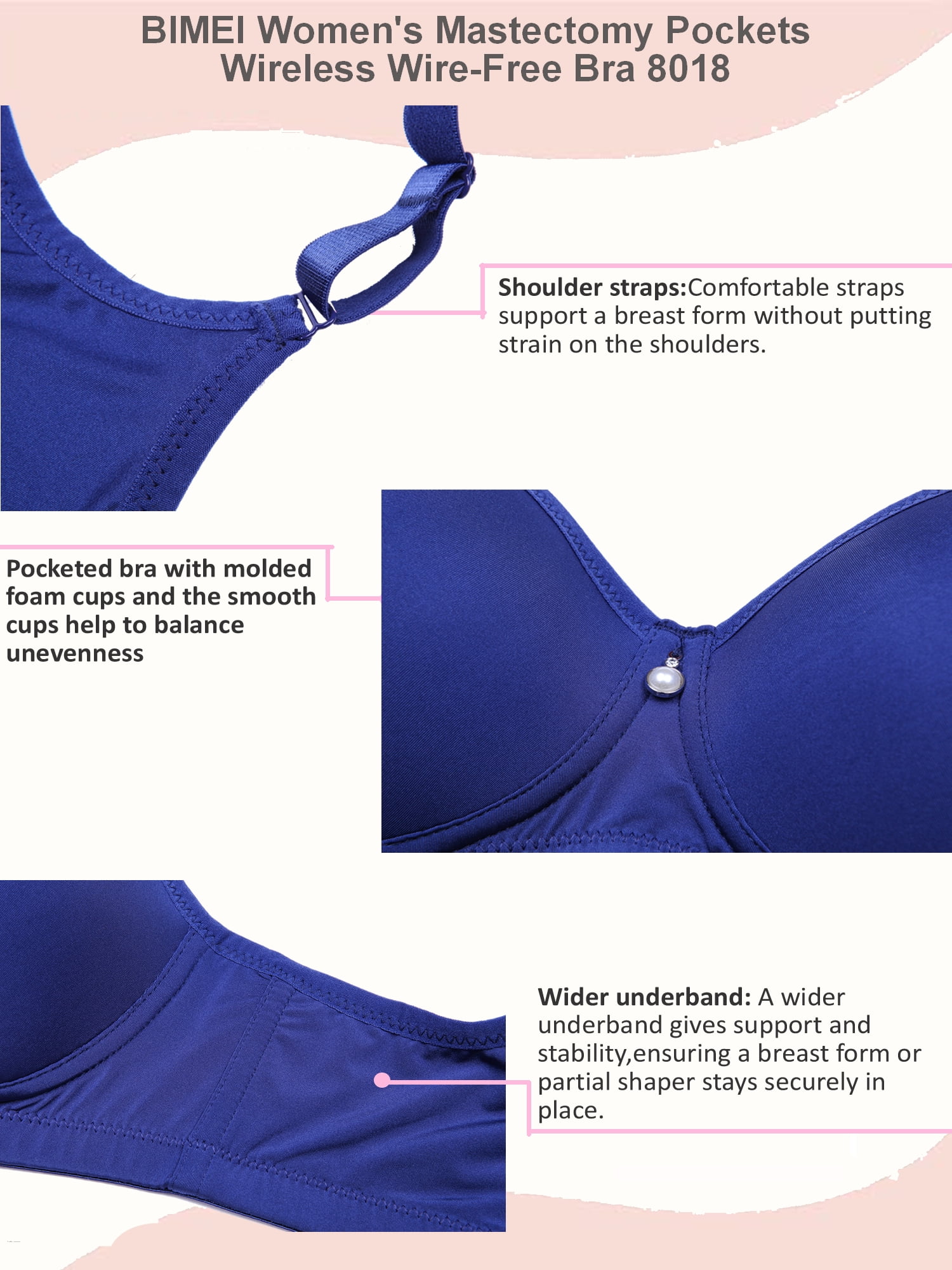 BIMEI Mastectomy Bra with Molded Foam Cups,T Shirt Bra for Women, Everyday Pocketed Seamless Wire Free Bra, Smoothing for No-Show Lines,Blue,42C
