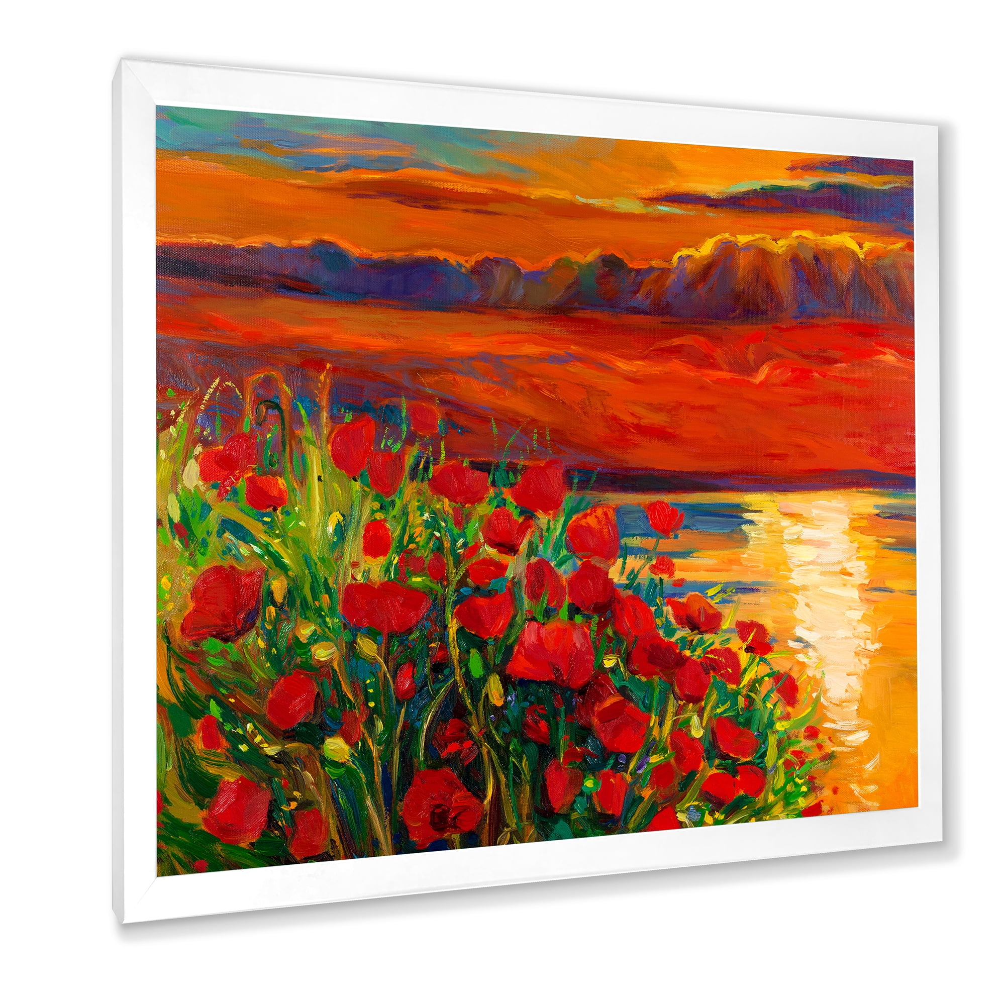 Red Poppies By The Ocean During Evening Glow 16 in x 16 in Framed Painting Canvas Art Print, by Designart