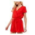 thumbnail image 3 of BEBOP Womens Red Belted Pull-on Elastic Waist Cap Sleeve Surplice Neckline Wide Leg Romper Juniors XL, 3 of 4