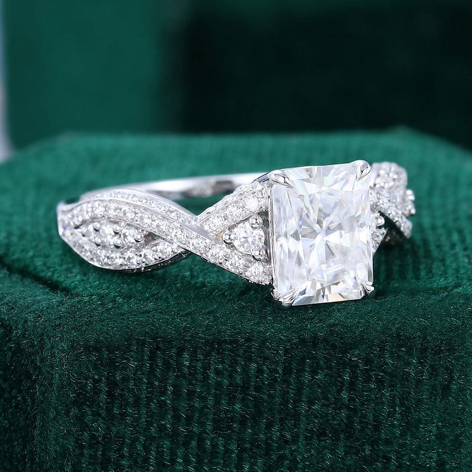 Spot Jewel Radiant Cut Excellent 1.9 Ct Diamond Ring for Women - Silver 14K White Gold Plated Ring - 3 Stone Diamond Rings for Women - Twisted Cross Over Shank Engagement Rings - Elegant Jewelry