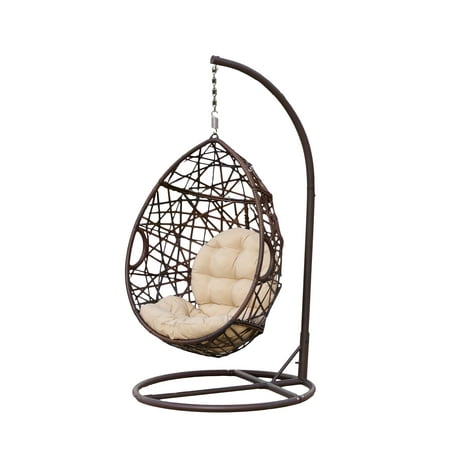 Noble House Vienna Wicker Hanging Egg Chair with Cushion and Stand - Brown