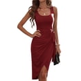thumbnail image 3 of Women U Neck Sleeveless Wide Shoulder Straps Bodycon Dresses Waist Tie Knot Midi Dresses Wine Red S, 3 of 9