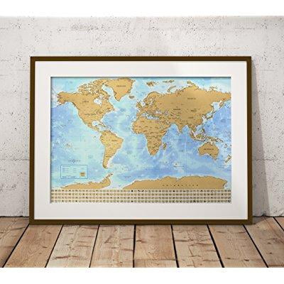 world scratchable travel map 33x24 inches gold top, glossy bottom country flags scratch off easily great gift and creative wall decoration bonus tube packaging and scratch guitar
