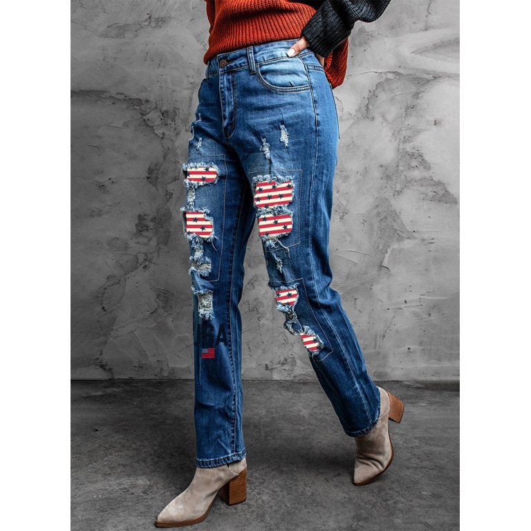 FARYSAYS American Flag Pattern Jeans Womens Blue Jeans Fashion