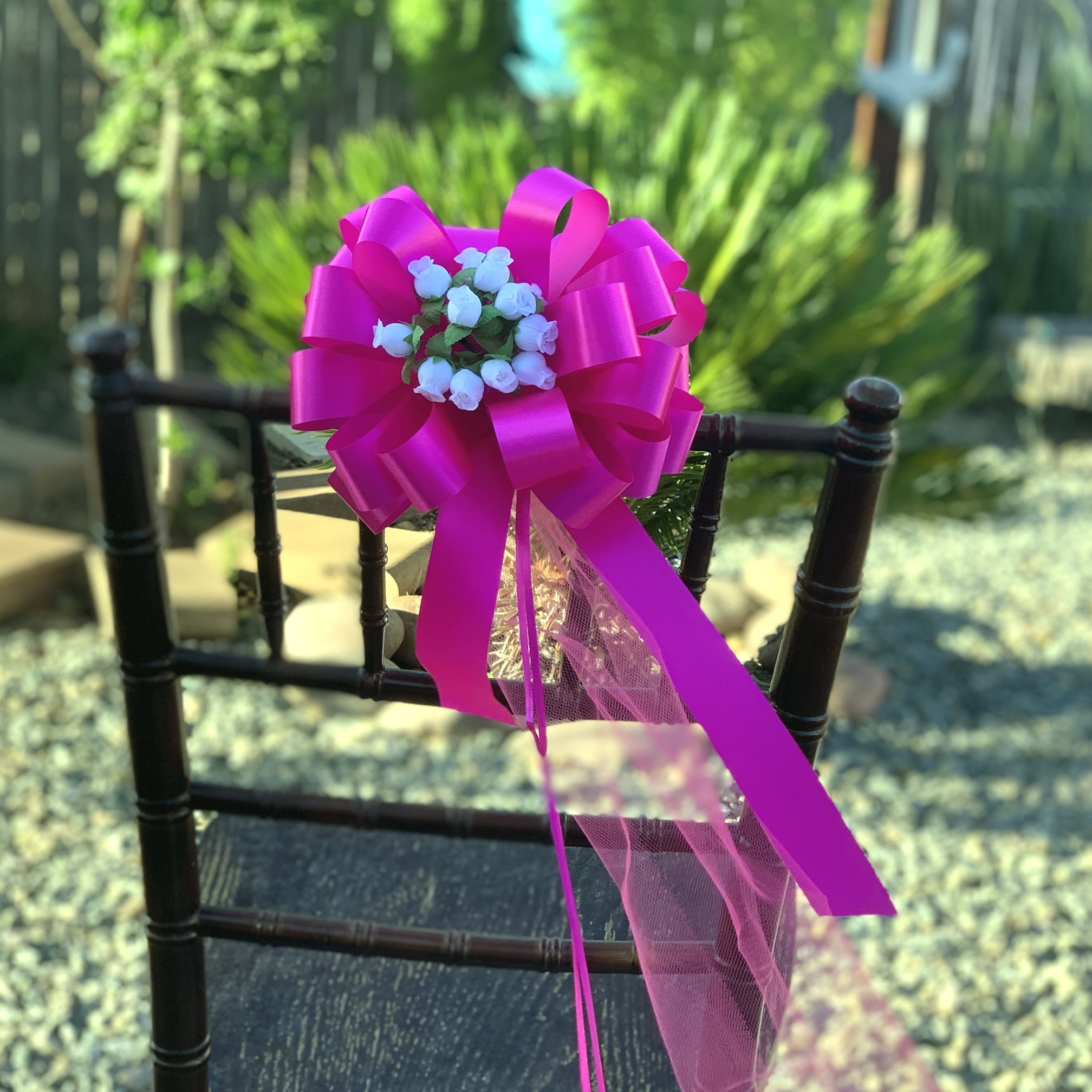 Fuchsia Pull Bows with Tulle Tails and White Rosebuds - 8" Wide, Set of 6, Valentine's Day, Breast Cancer Awareness, Wedding