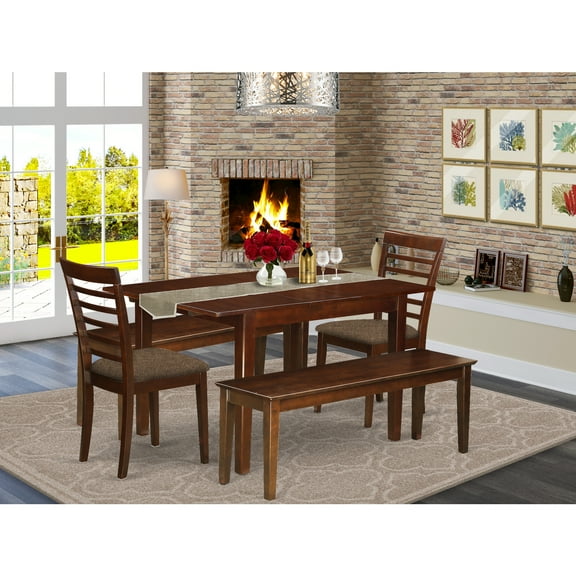 East West Furniture Milan 5-piece Wood Dining Set with 2 Benches in Mahogany