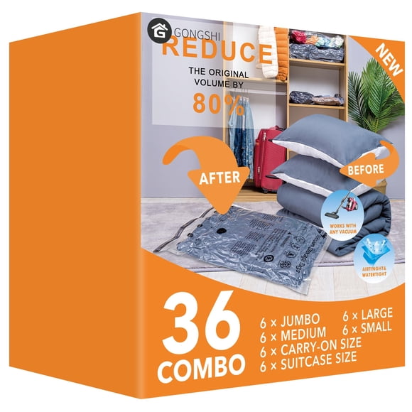 Bolsas GONGSHI selladas al vacío para ropa, paquete de 36 (6 grandes, 6 medianas, 6 pequeñas, 6 bolsas enrollables de viaje, 6 bolsas enrollables de viaje pequeñas)