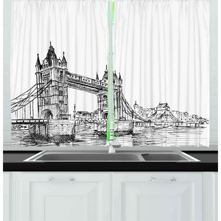 Bedroom Sets Cheap Uk Vintage Curtains 2 Panels Set, Old Fashion London Tower Bridge Sketch Architecture British UK Scenery Art Print, Window Drapes for Living Room Bedroom, 55W X 39L Inches, Grey White, by Ambesonne ()