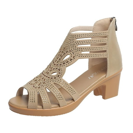 

Chunky Heel Sandals for Women Cut Out Peep Toe Zipper Block Heel Sandals Summer Beach Dressy Party High Heeled Sandals Khaki 7