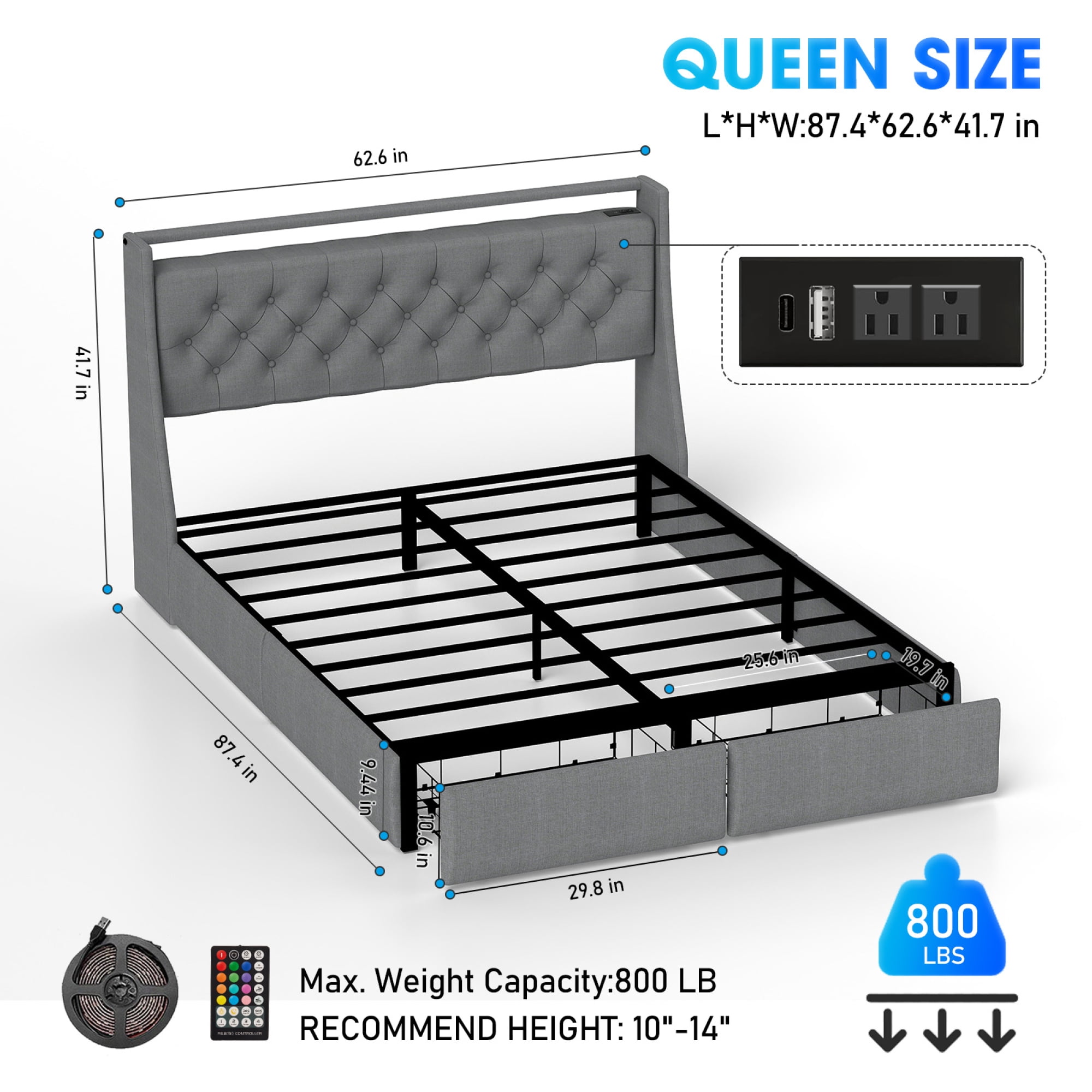 Leumius Queen Size Bed Frame with 2 Storage Drawers & Headboard Shelf, RGB LED Light & AC+USB+Type-C Charging Station for Teen and Adult Grey