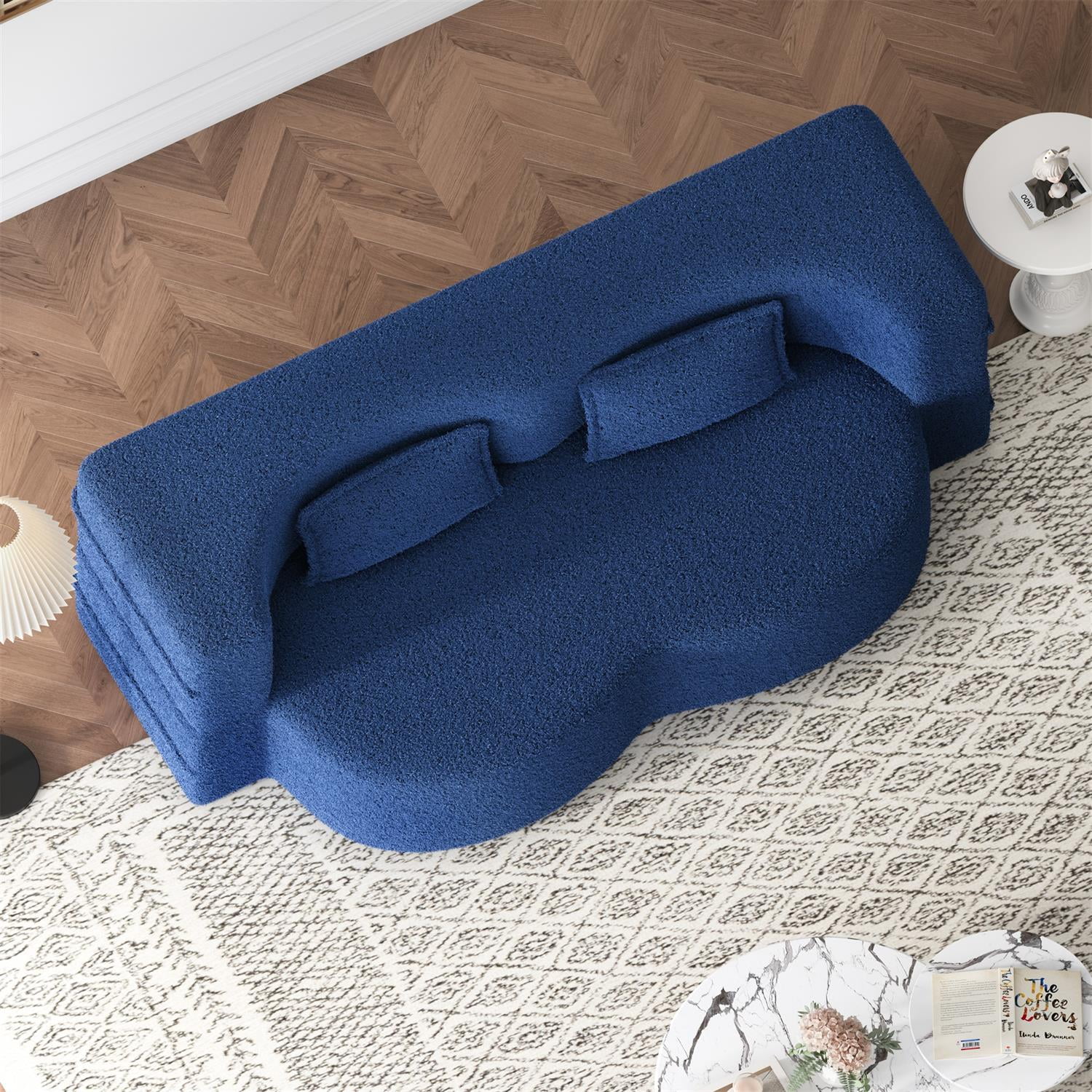 Demi Bonn 78" Modern Floor Sofa Bed with 2 Pillows, Convertible Teddy Fabric Full Size 15" Foam Mattress, No Assembly, Stylish Sleeper Couch for Living Room, Blue
