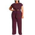 thumbnail image 1 of Conjunto de tops de ocio y pantalones largos de talla grande para mujer de manga corta sólida con cuello en O Wmkox8yi  bvn1662, 1 of 8