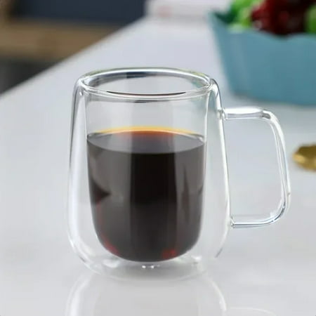 

Highly durable double-walled coffee mug with heat-resistant handle perfect for serving milk juice or water. Made from sturdy high borosilicate glass this stylish mug is a modern and f