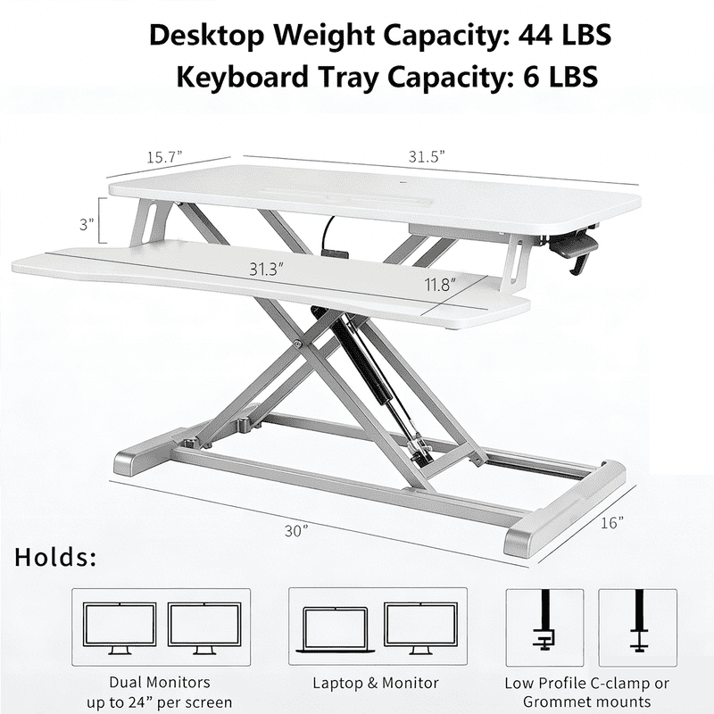 32" Standing Desk Converter with Removeable Keyboard Tray, Height Adjustable Stand Up Desk Riser, Sit to Stand Desk Risers for Dual Monitor and Laptop, 44LBS Weight Capacity, White