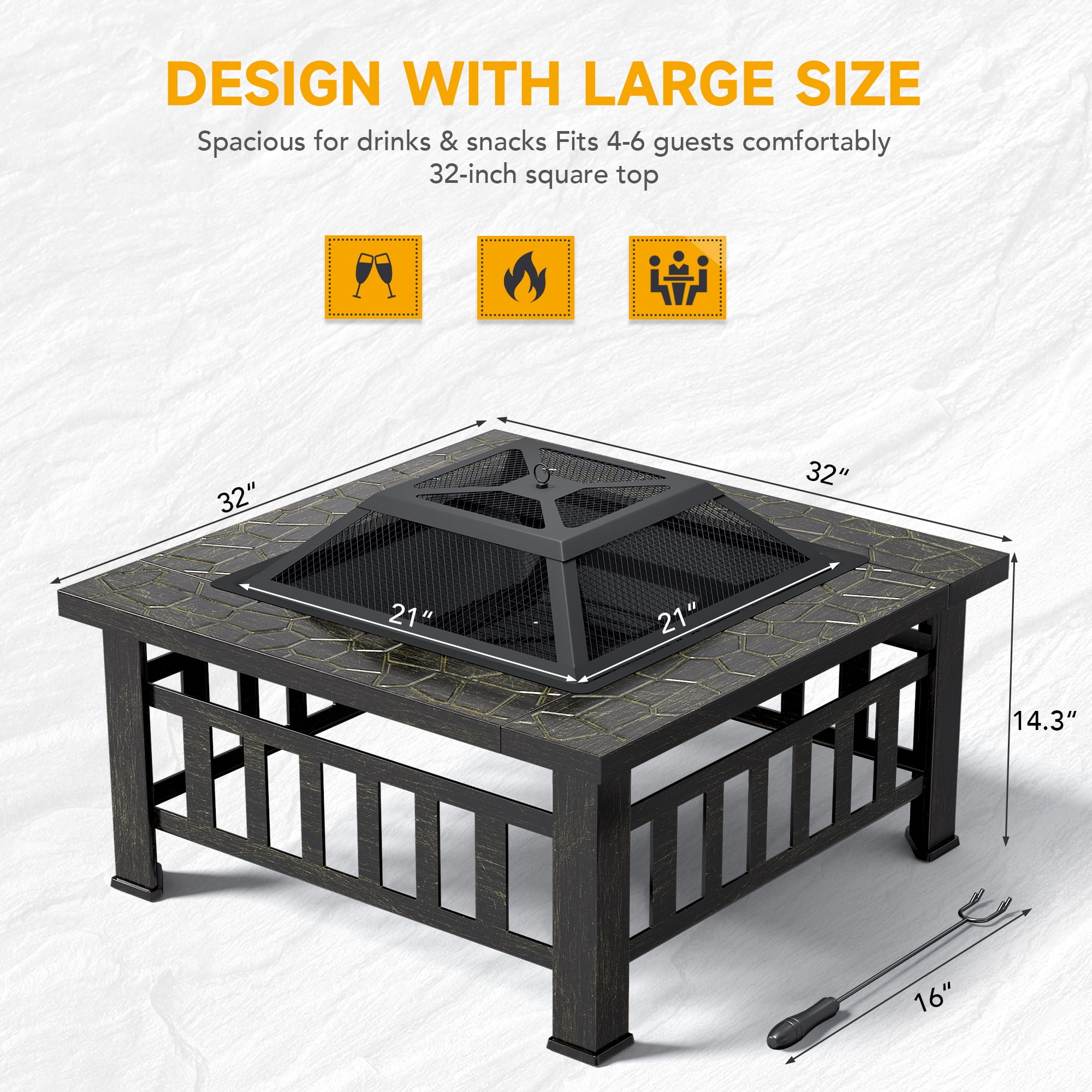 Lacoo 32" Patio Square Fire Pit Table for Patio Backyard BBQ, Ice Storage with Mesh Lid, Poker and Cover, Gold