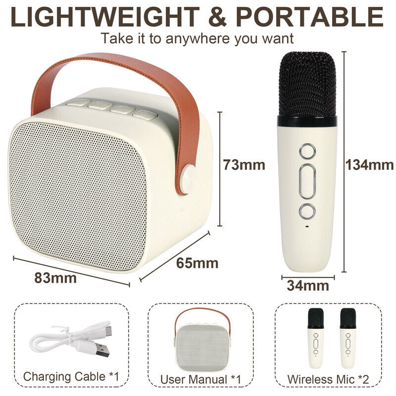 TOPCHANCES Mini Karaoke Machine for Kids, Portable Bluetooth Karaoke Speaker with 2 Wilreless Microphones and Dynamic Lights, Ideal Gifts for Girls Boys Home Party ( Beige )