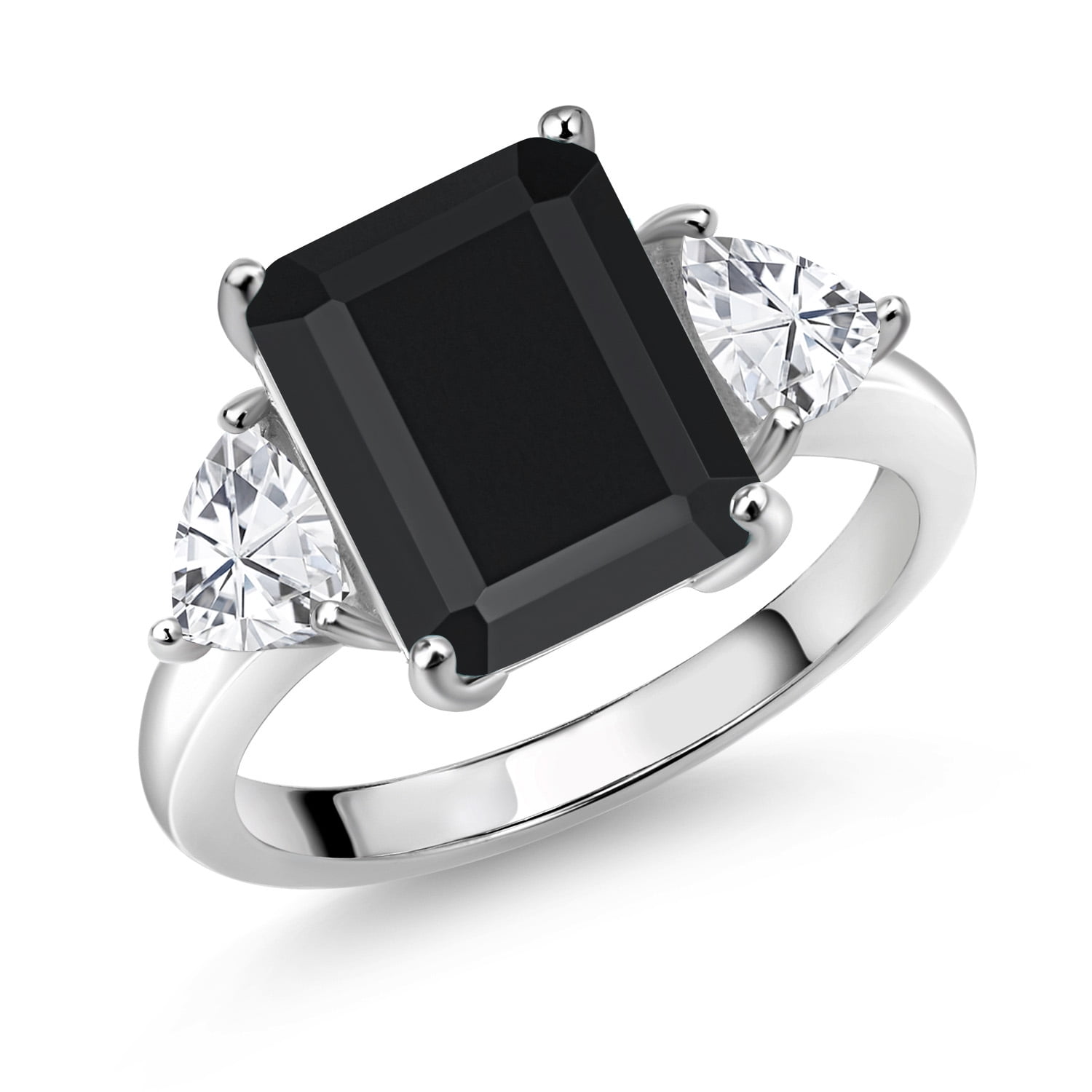 Gem Stone King 7.30 Cttw Black Onyx 3-Stone Ring for Women in 925 Sterling Silver | Emerald Cut 12X10MM | Trillion 5X5MM | Gemstone December Birthstone | Available in Size 5,6,7,8,9