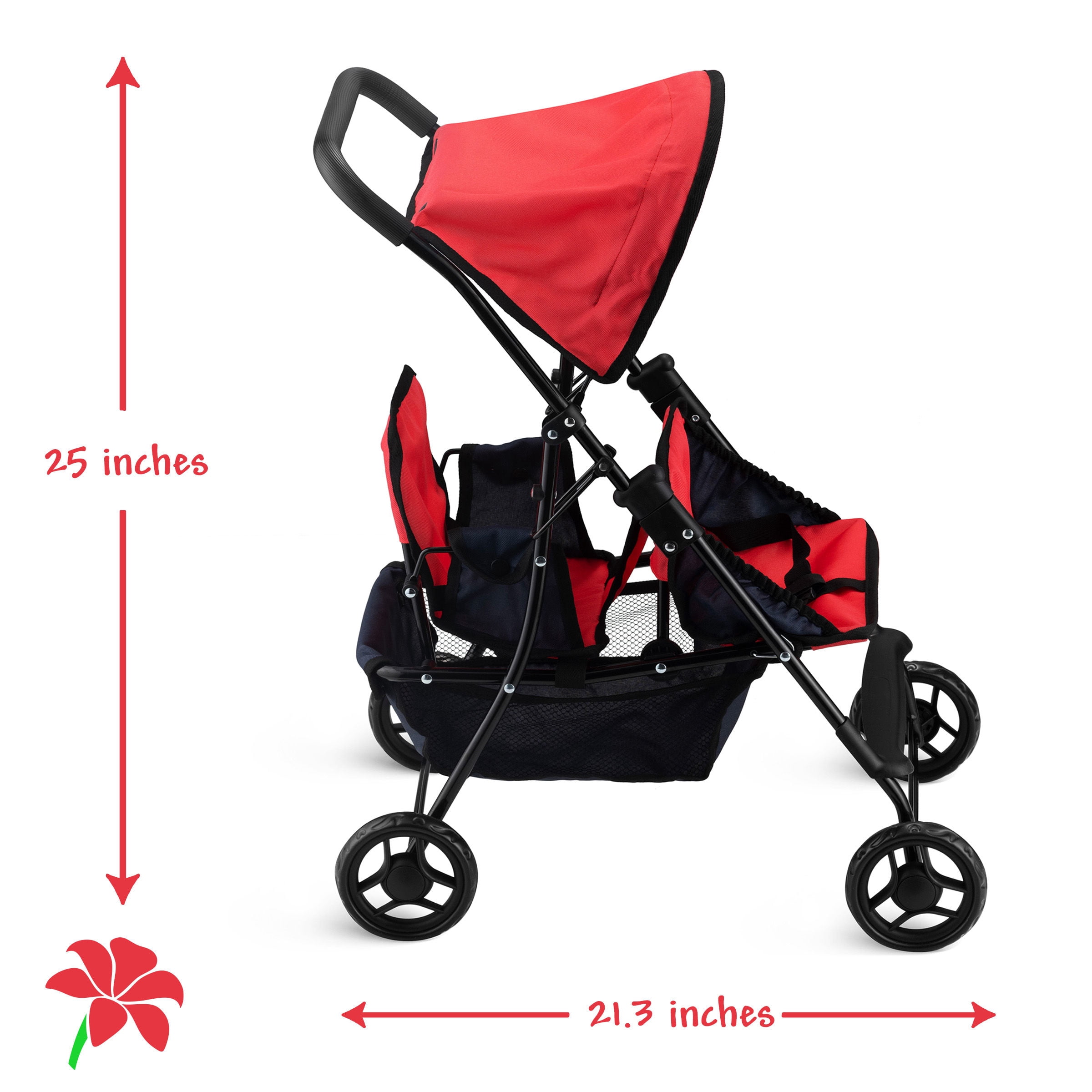 HUSHLILY - Tandem Double Doll Stroller with Adjustable Canopy & Basket, Foldable, with Smooth Rolling Wheels (Red & Blue)