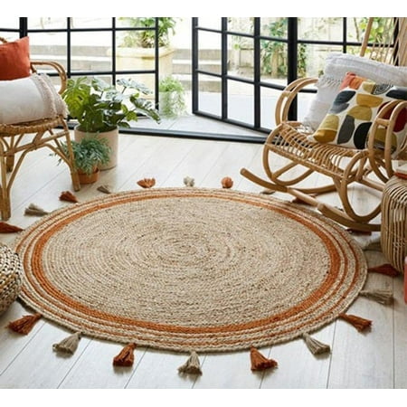 Avgari Creation Round Orange Border Farm House Area Living Room Indoor Outdoor Rugs Carpet-7 Feet Round with Tassels