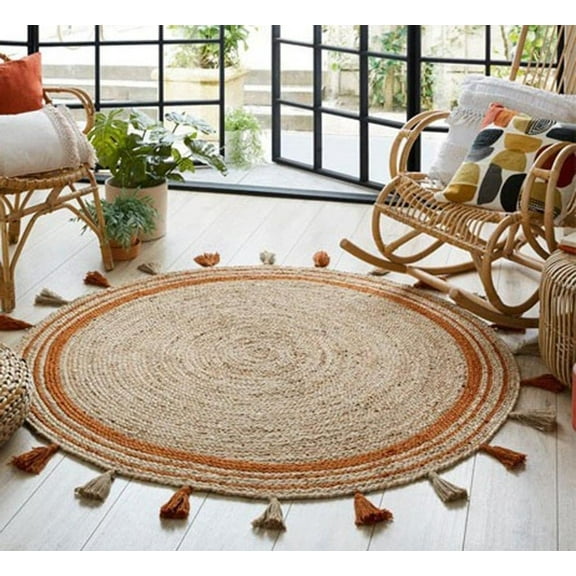 Avgari Creation Round Orange Border Farm House Area Living Room Indoor Outdoor Rugs Carpet-4 Feet Round with Tassels